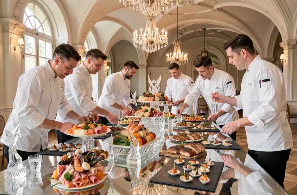 Équipe du Crystal Traiteur dressant un buffet de mariage élaboré dans une salle de réception niçoise avec sculptures de glace et présentations gastronomiques
