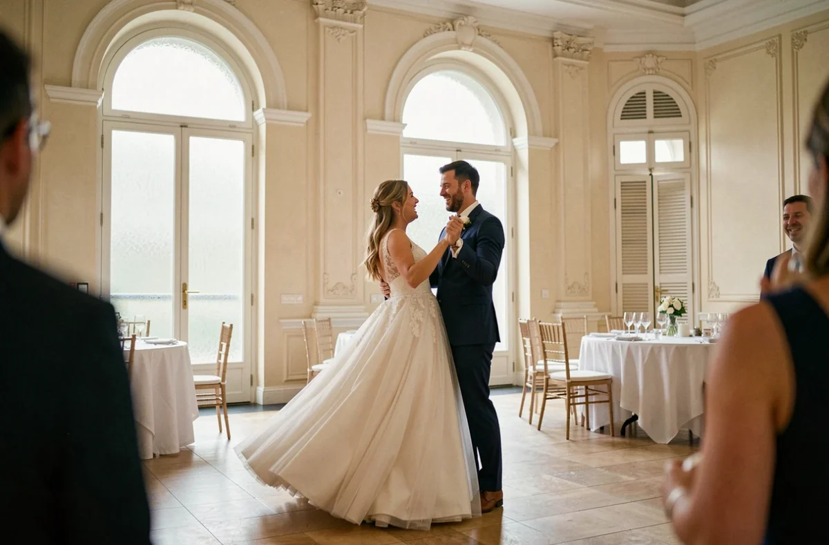 Couple de mariés dansant lors de leur réception de mariage dans une salle de fête élégante à Bourges