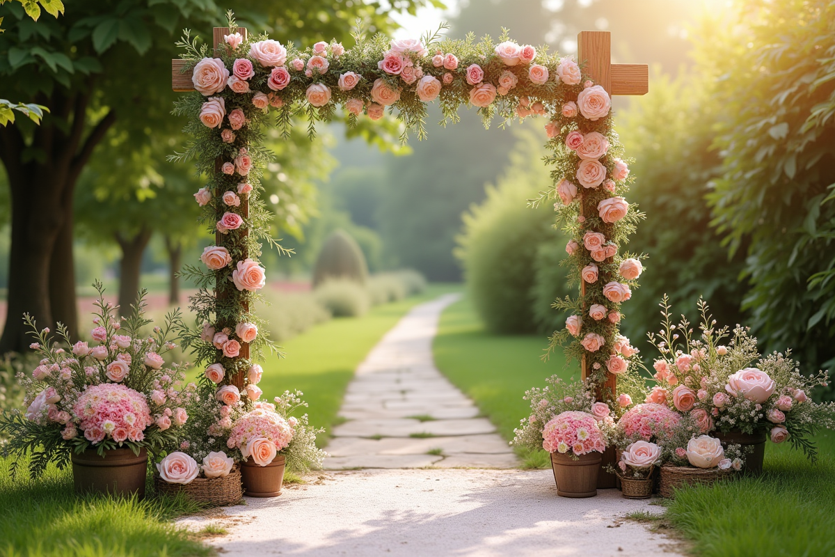 Décoration de mariage DIY avec guirlandes et fleurs en extérieur