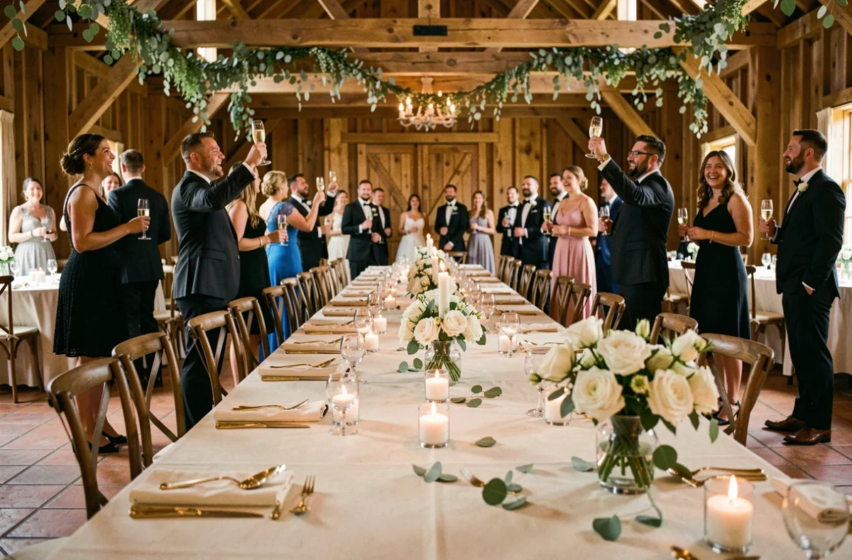 Table de réception de mariage décorée de roses blanches et de bougies dans une grange rustique élégante