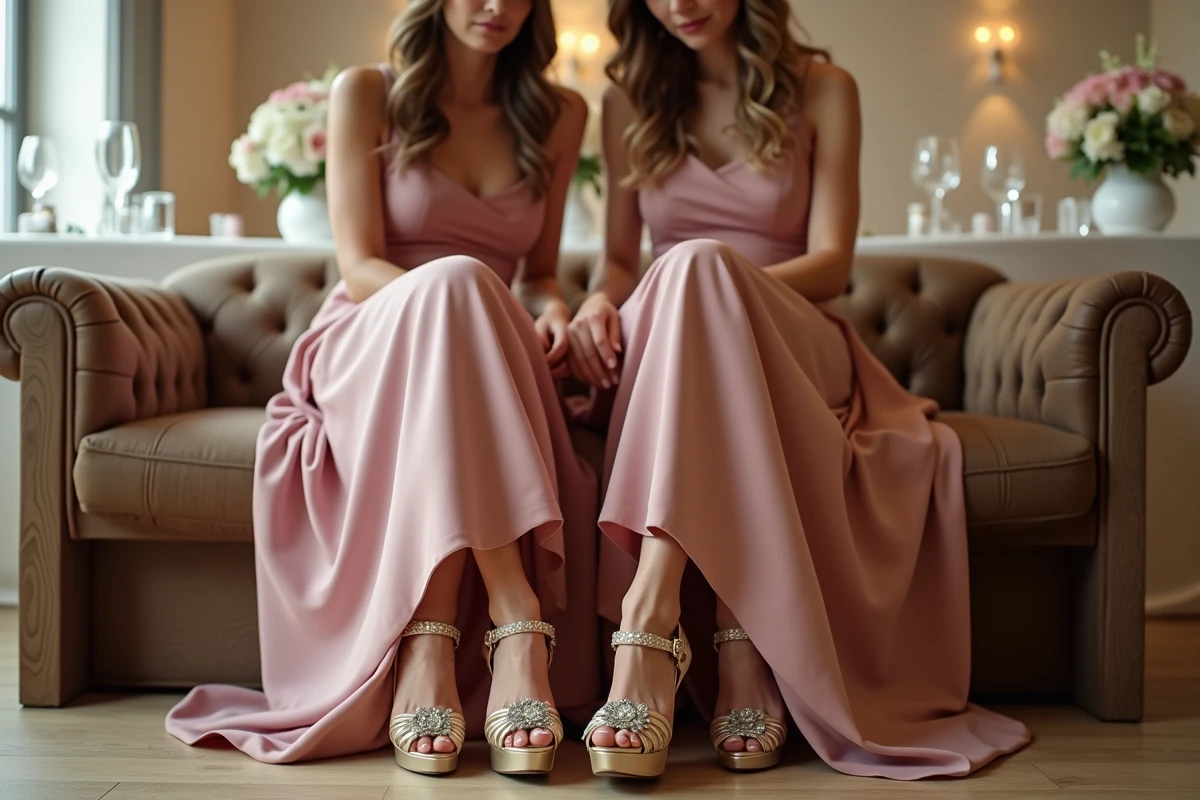 Deux demoiselles d'honneur comparant leurs chaussures lors d'un mariage, l'une portant des escarpins dorés trop ornementés, erreur de style à éviter