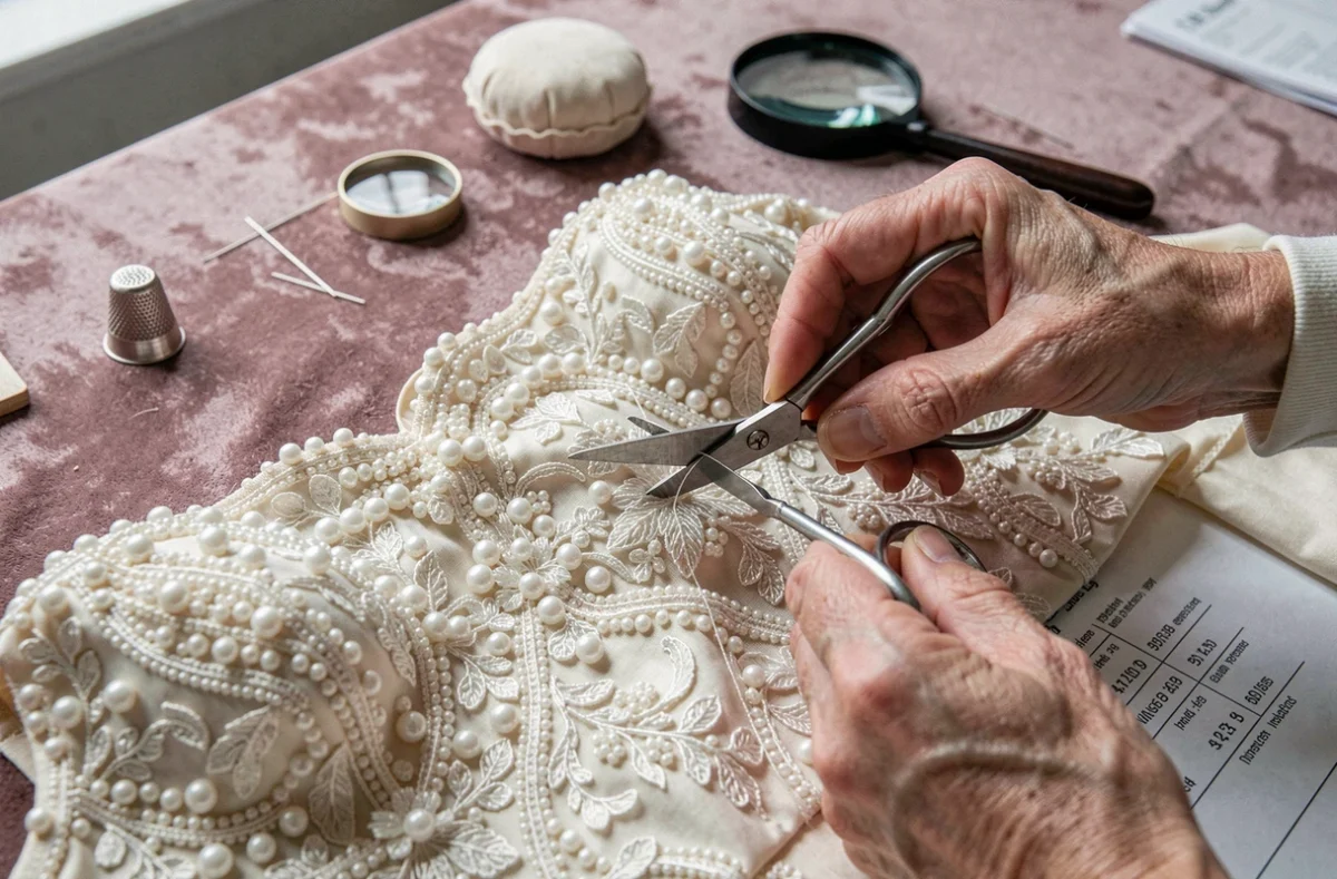 Gros plan sur des mains de couturière travaillant des broderies de perles sur le corsage d'une robe de mariée sur-mesure avec devis visible