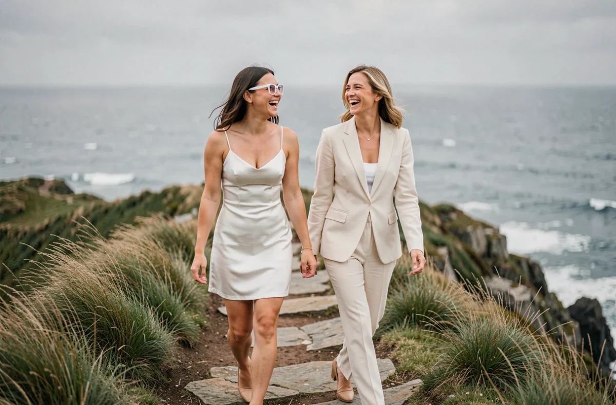 Deux mariées élégantes dont une avec des lunettes blanches rectangulaires marchant sur un sentier côtier avec vue sur l'Atlantique
