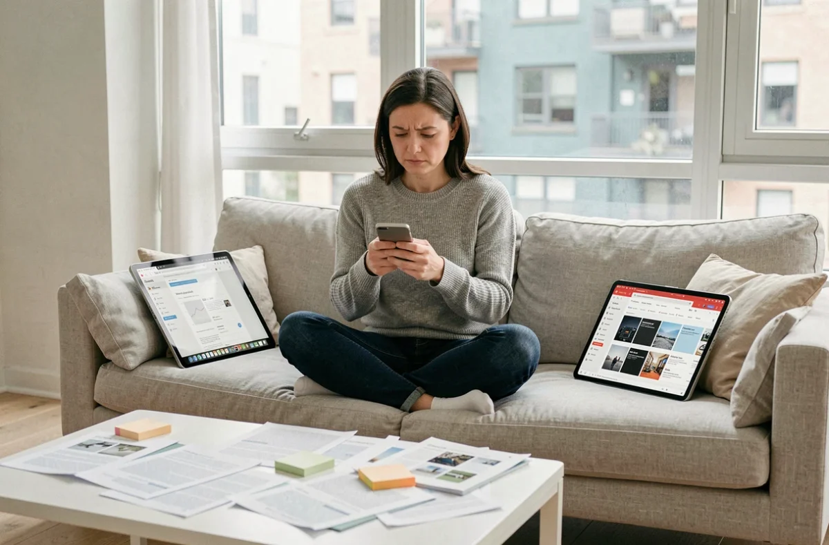 Femme vérifiant des informations sur son smartphone entourée d'articles imprimés, illustrant la distinction entre rumeurs et faits réels sur internet