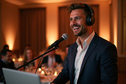 DJ souriant en costume dans une salle de réception élégante