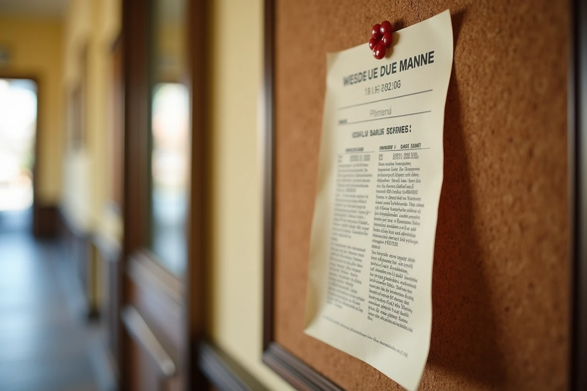 Gros plan sur un document officiel de publication des bans affiché dans le couloir d'une mairie