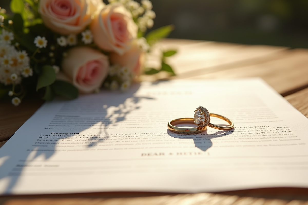 Documents de mariage et alliances sur table en France
