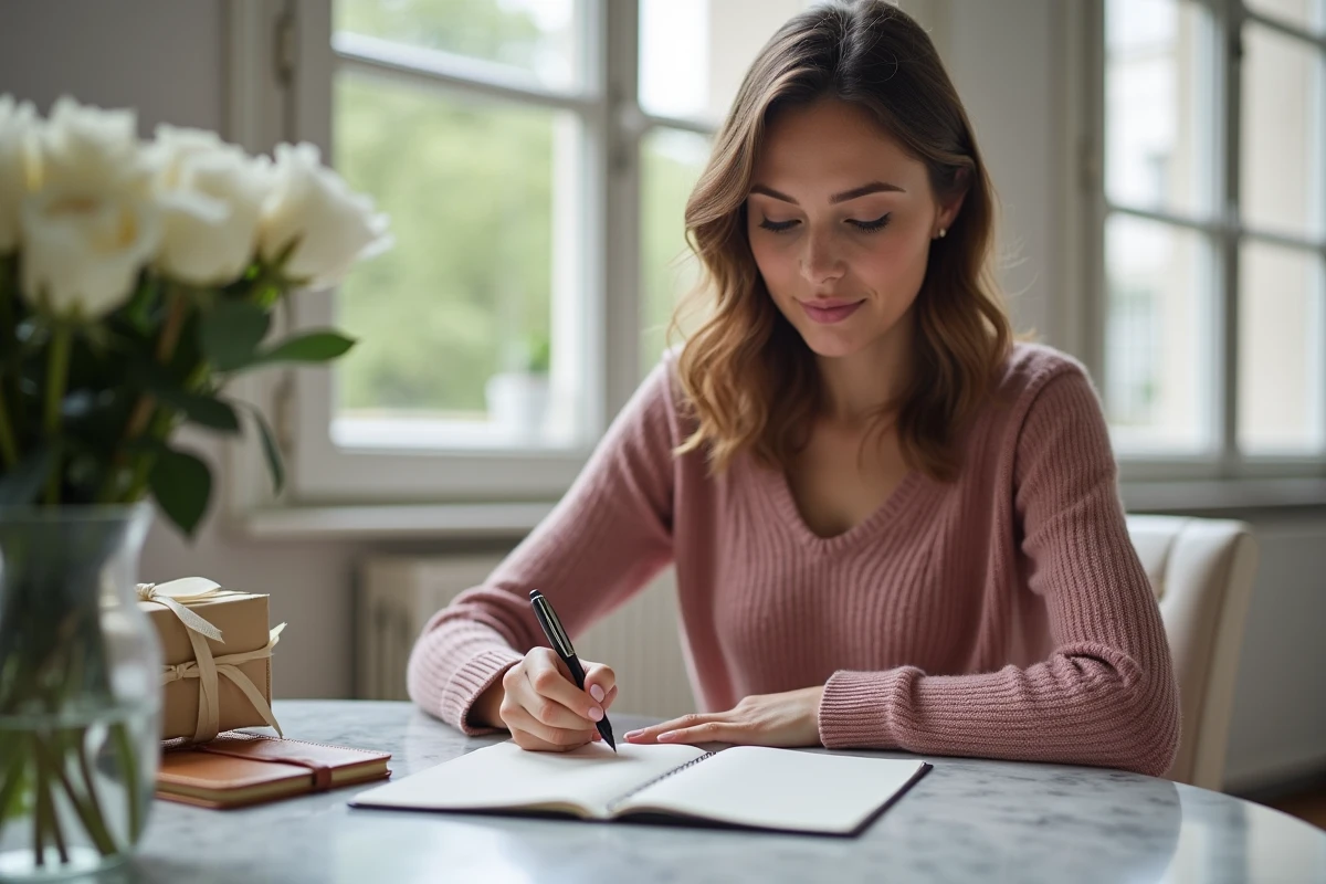 Femme &eacute;crivant un message dans une carte d'anniversaire de mariage avec un stylo plume sur un bureau en marbre
