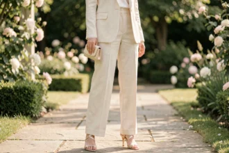 Femme portant un ensemble mariage pantalon ivoire avec sandales satin beige et pochette structurée dans un jardin de mariage