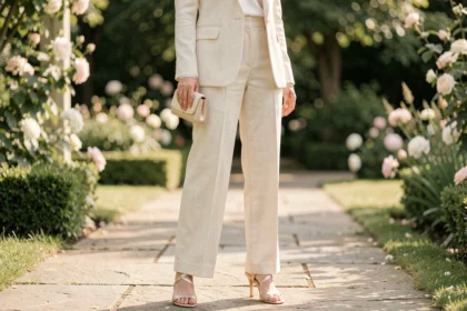 Femme portant un ensemble mariage pantalon ivoire avec sandales satin beige et pochette structurée dans un jardin de mariage