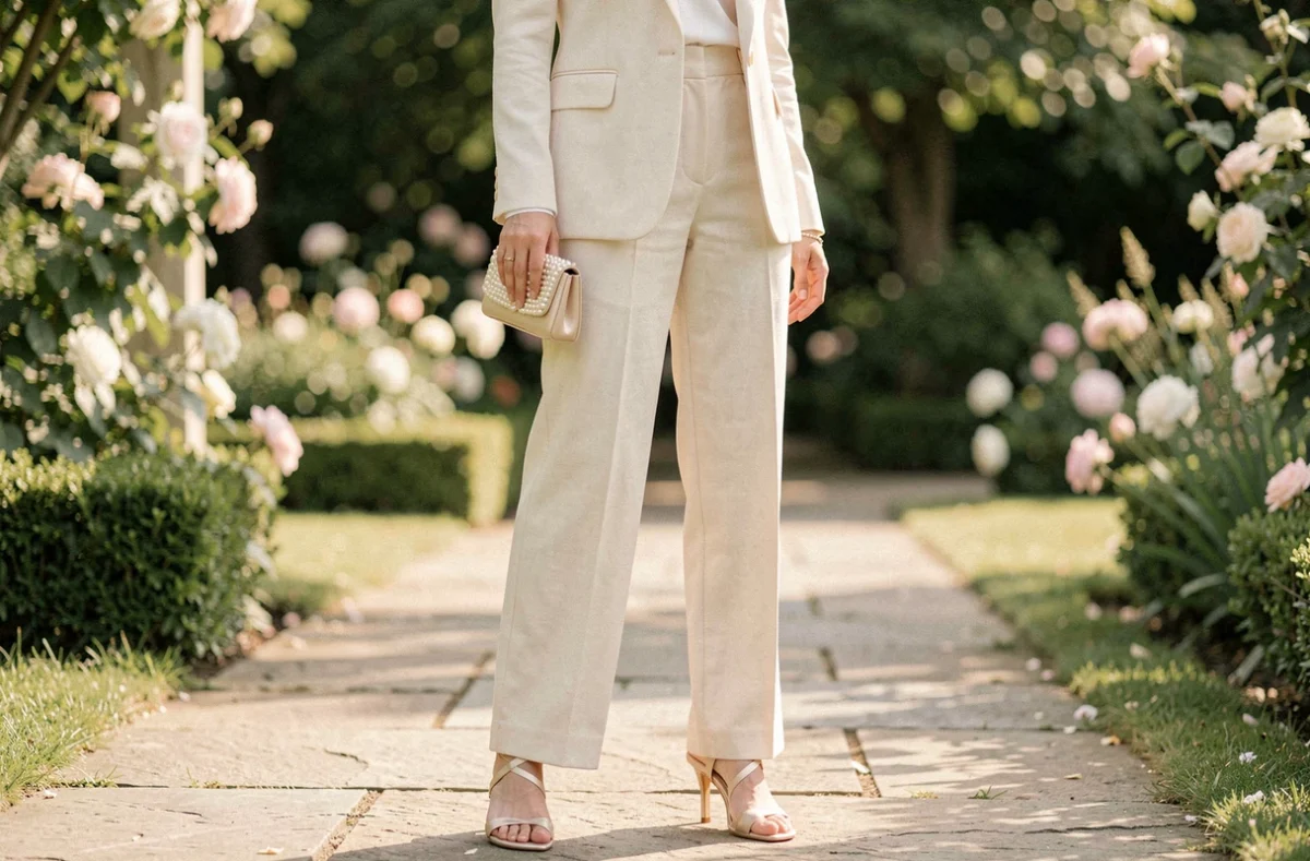 Femme portant un ensemble mariage pantalon ivoire avec sandales satin beige et pochette structurée dans un jardin de mariage