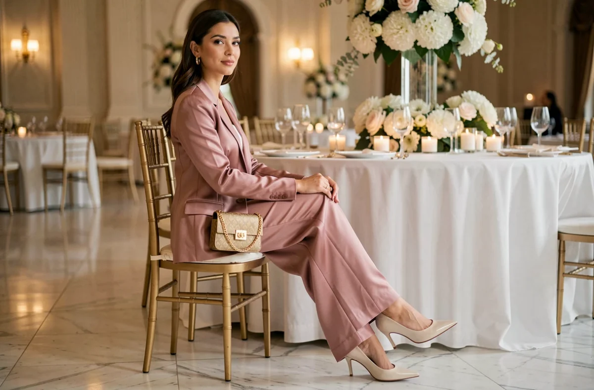 Femme en ensemble pantalon satin rose pour mariage assortie avec escarpins ivoire et minaudière dorée dans une salle de réception