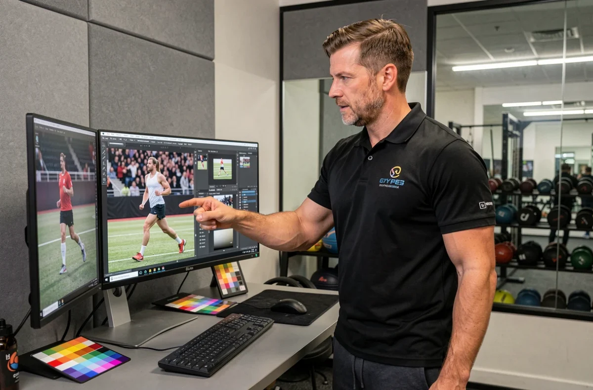 Entraîneur personnel examinant des photos sportives sur écran dans un studio de retouche professionnel près d'une salle de gym
