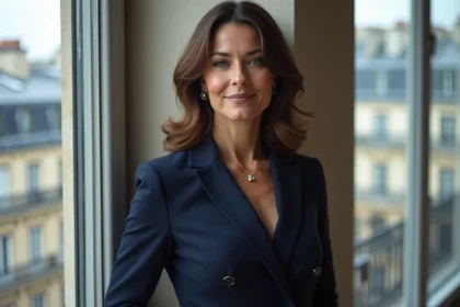 Femme élégante en blazer marine posant devant une fenêtre parisienne, portrait éditorial sophistiqué