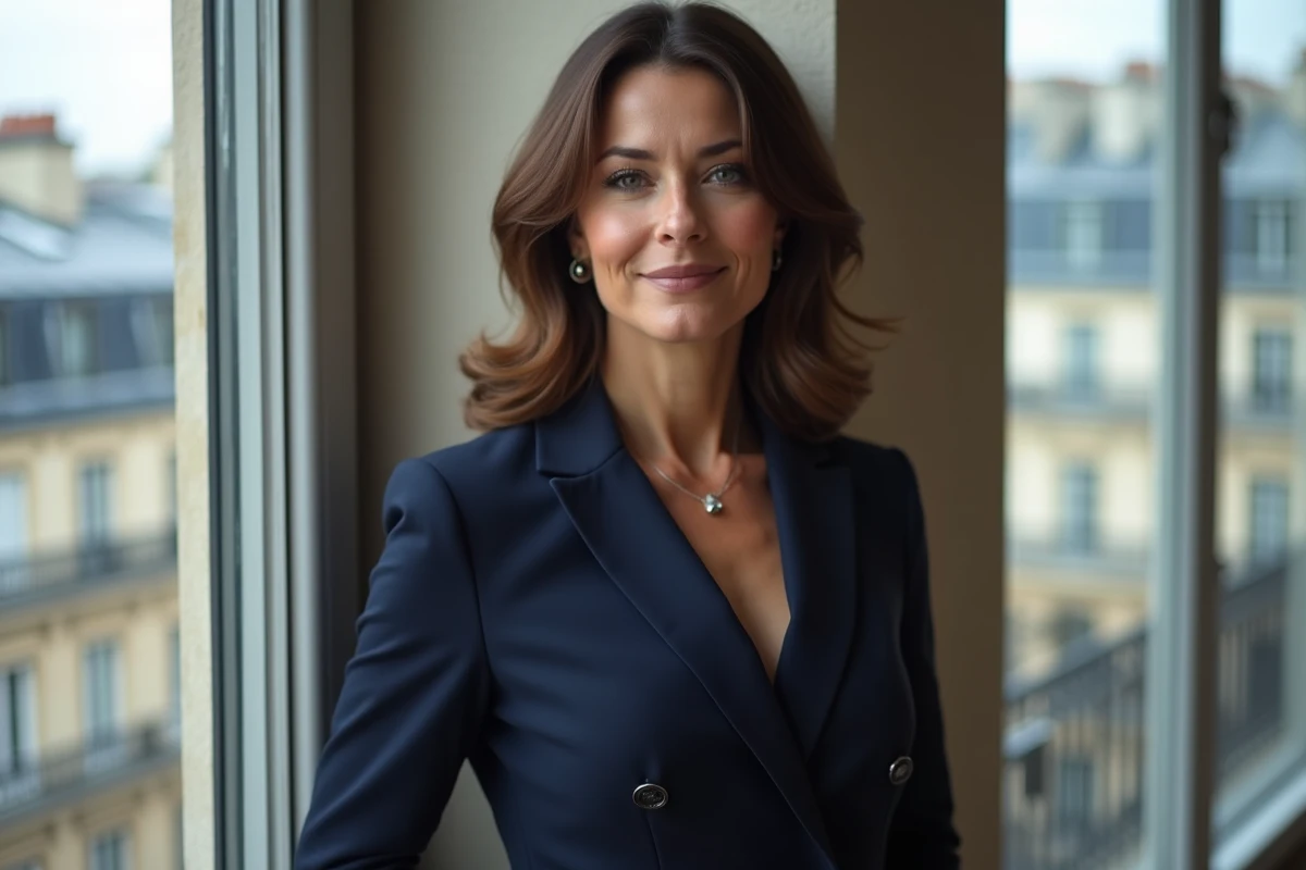 Femme élégante en blazer marine posant devant une fenêtre parisienne, portrait éditorial sophistiqué
