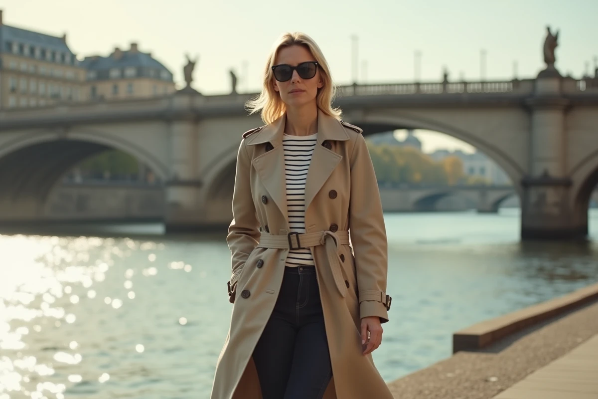 Femme chic en trench coat marchant sur les quais de Seine à Paris, photographie éditoriale en plein air