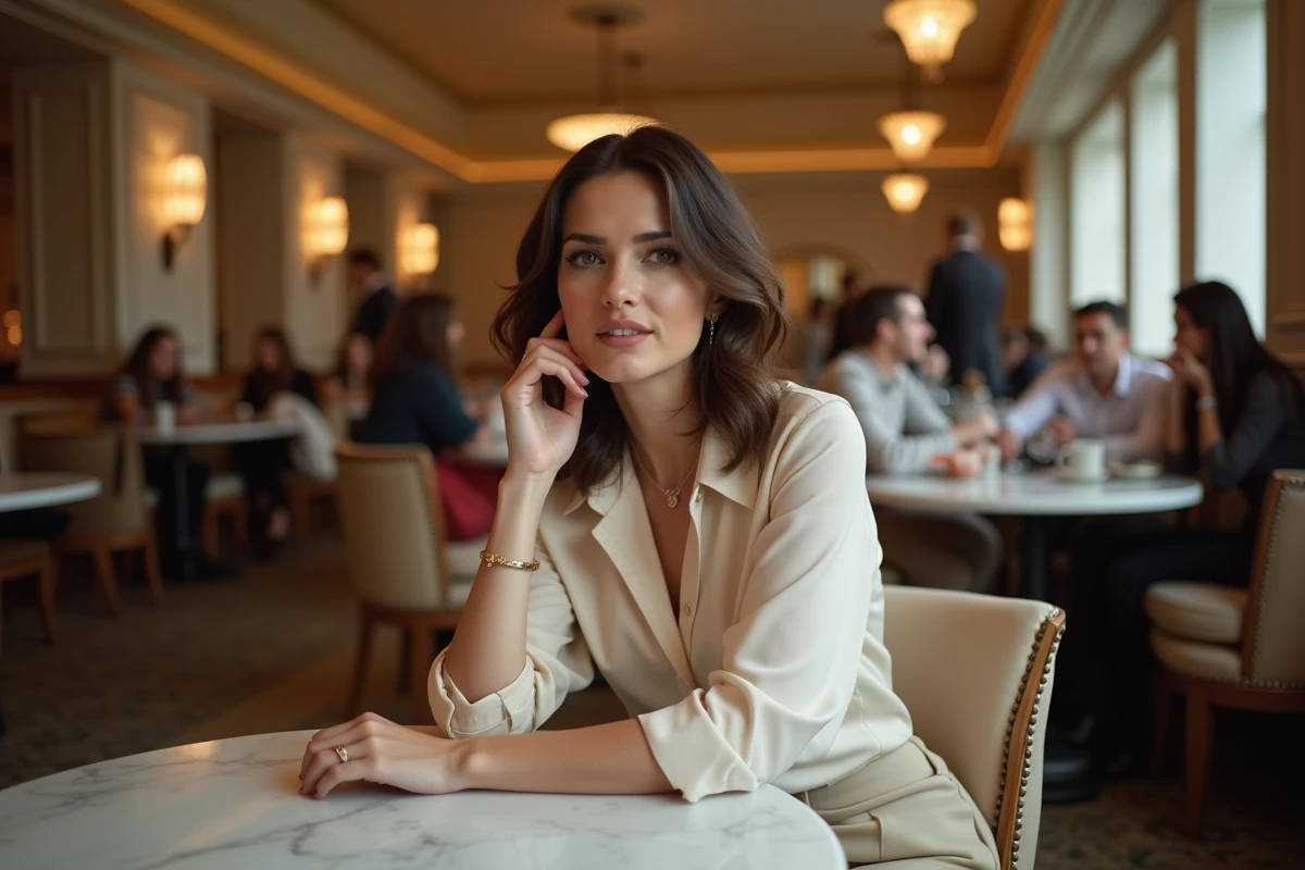 Femme distinguée en brasserie parisienne Art Déco, portrait candide au style éditorial raffiné