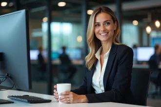 Femme confiante dans un bureau de production télévisée, illustrant la vie professionnelle d'une personnalité médiatique