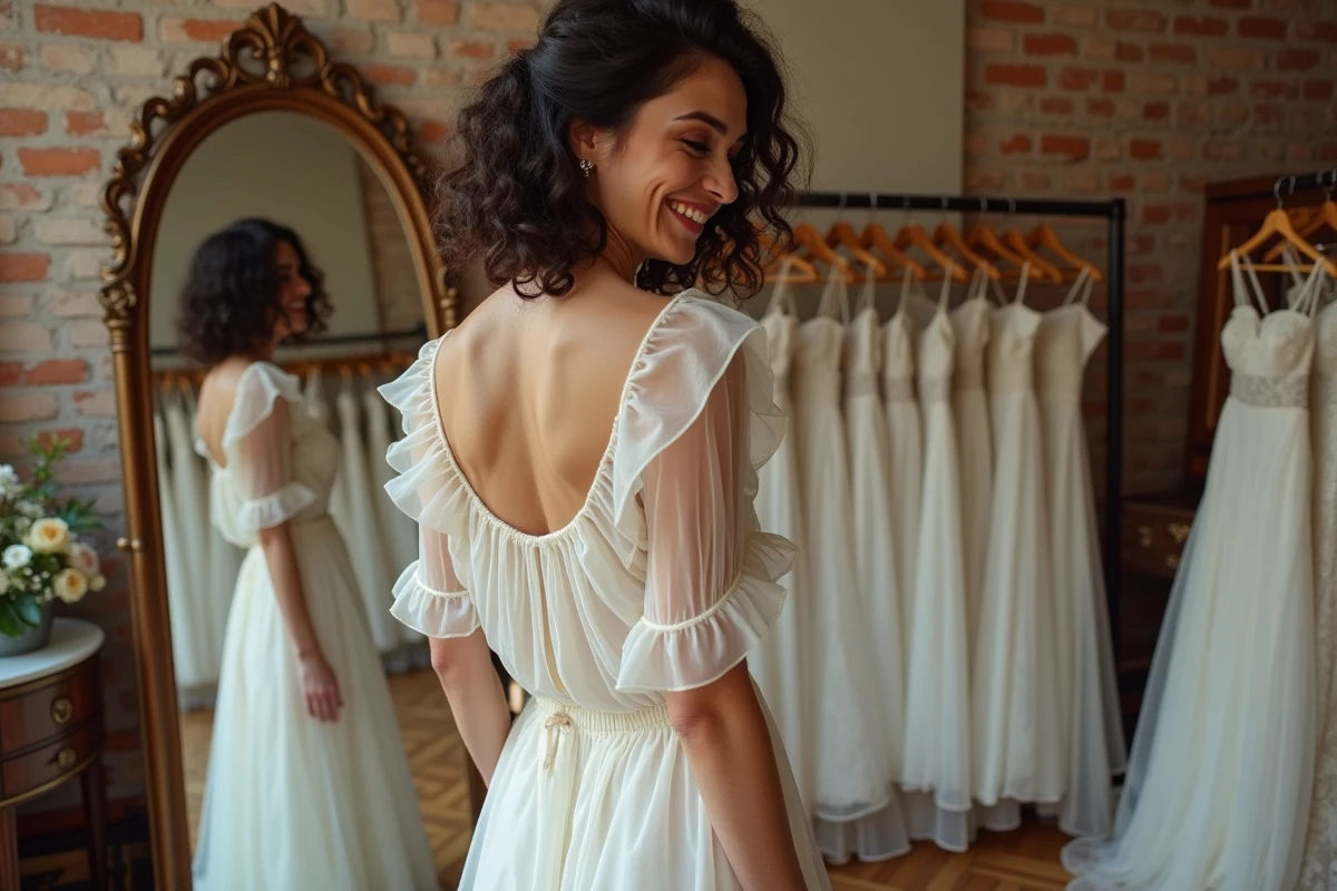 Mariée essayant une robe de mariée champêtre pas chère en voile de coton dans une boutique vintage avec miroir ancien