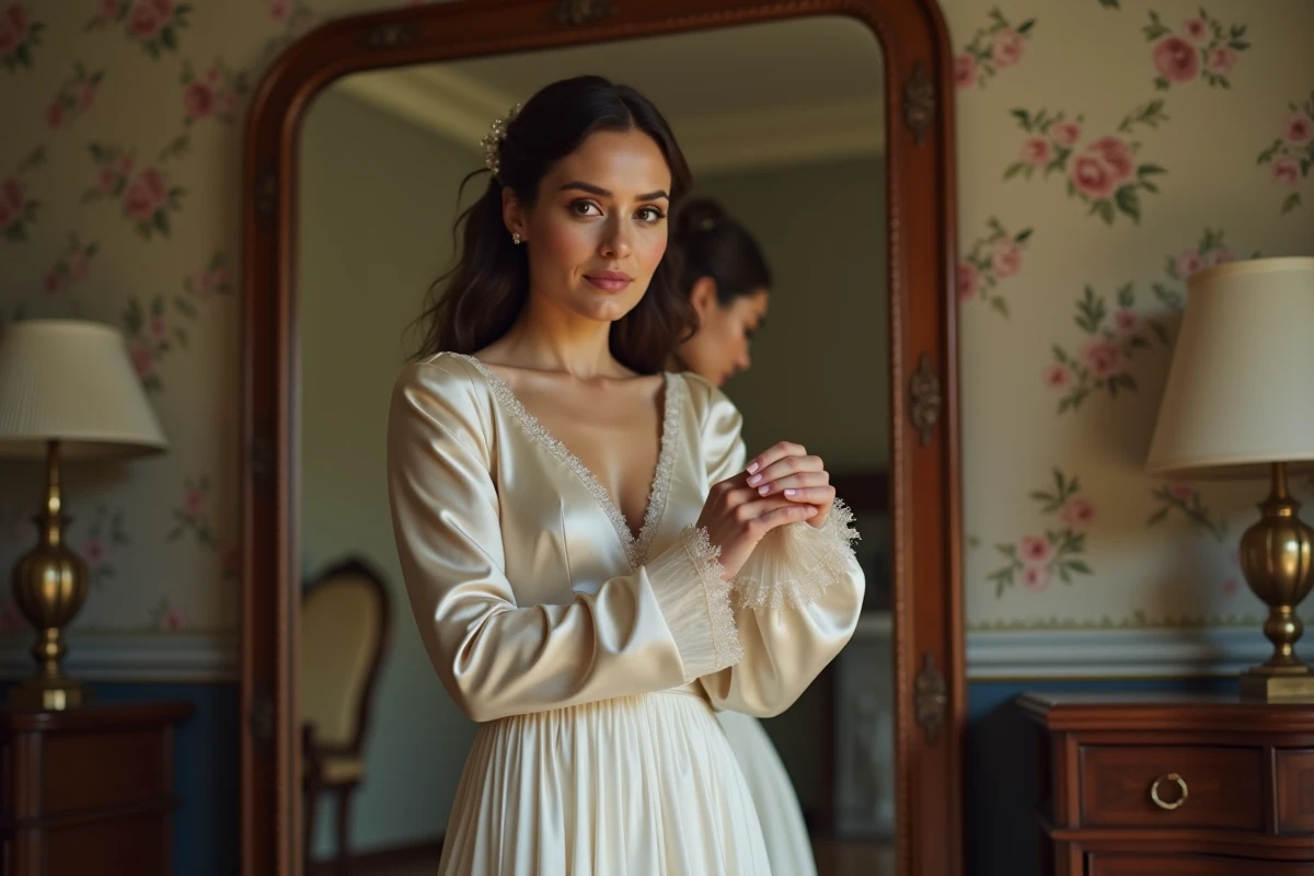 Mariée en robe de seconde main à manches longues en satin se mirant dans un grand miroir vintage