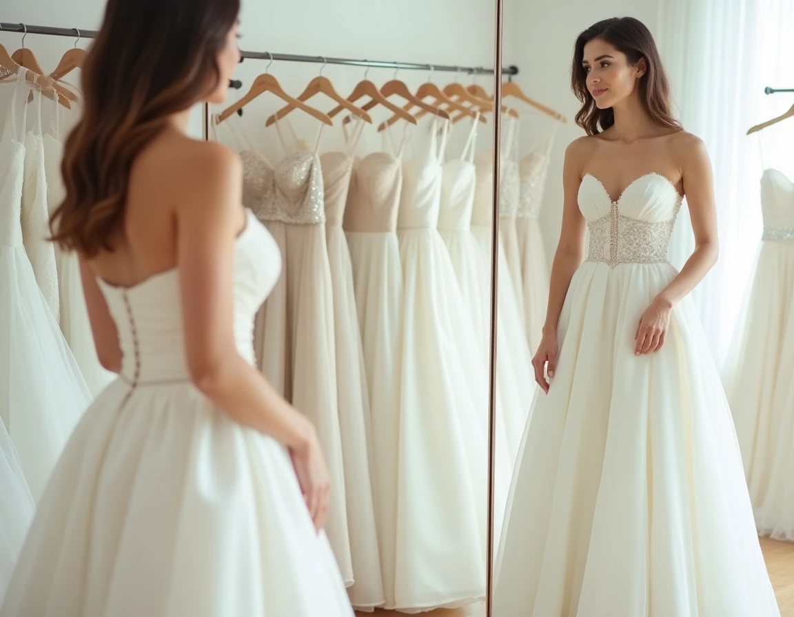 Jeune femme essayant une robe de mariée prêt-à-porter dans une boutique de mariage moderne devant un miroir triptych