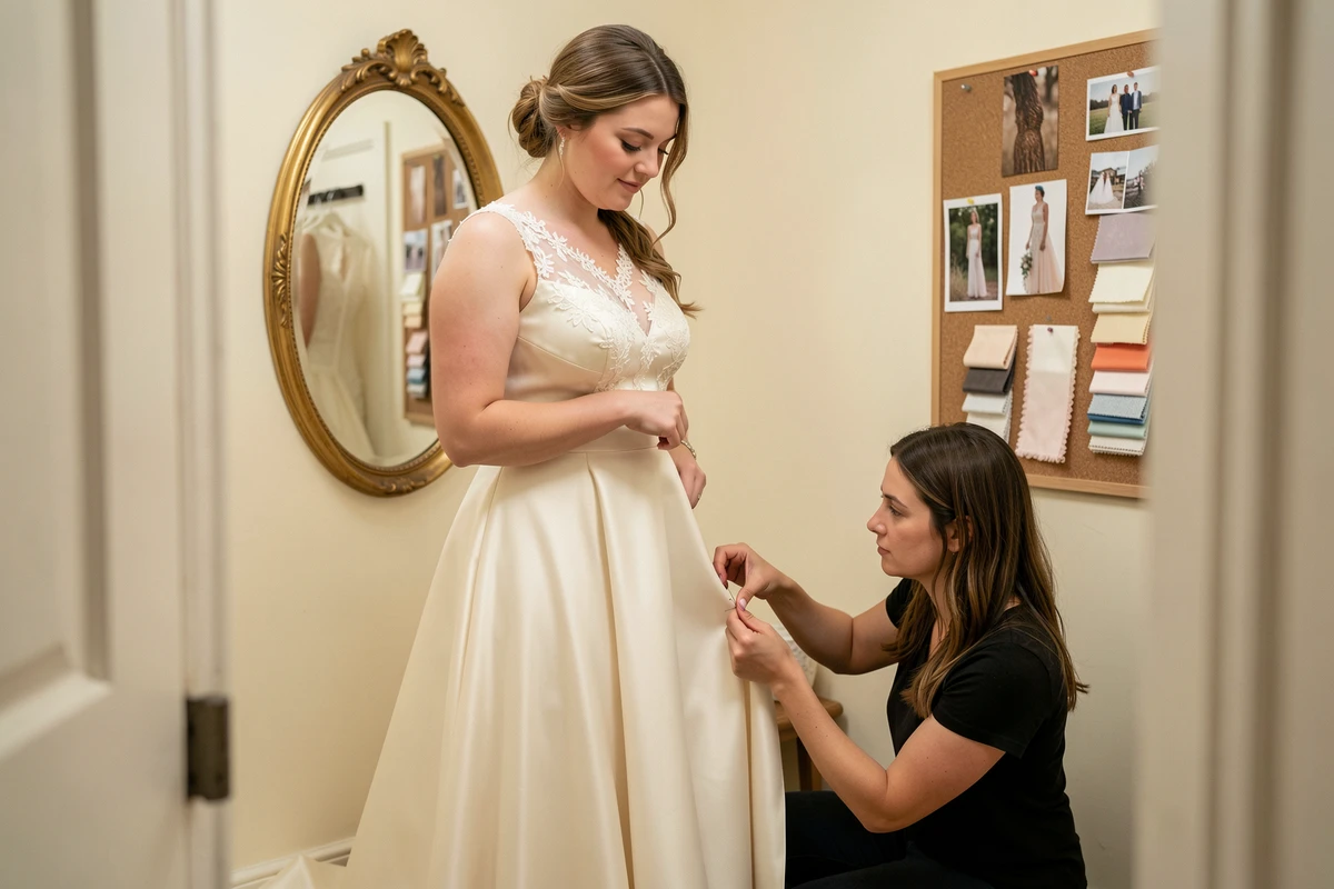 Jeune femme essayant une robe de mariée en dentelle ivoire dans une boutique de mariage abordable avec une consultante ajustant l'ourlet