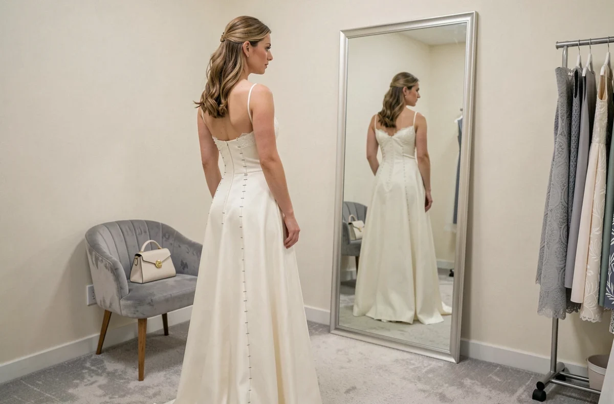 Future mariée en essayage d'une robe de mariée sur-mesure inachevée devant un miroir dans une boutique de mariage