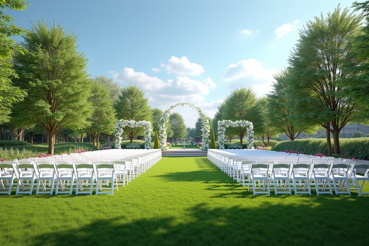 Espace extérieur avec chaises blanches et décorations