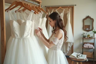 Femme examinant la qualité d'une robe de mariée en boutique, comparant les finitions et les tissus