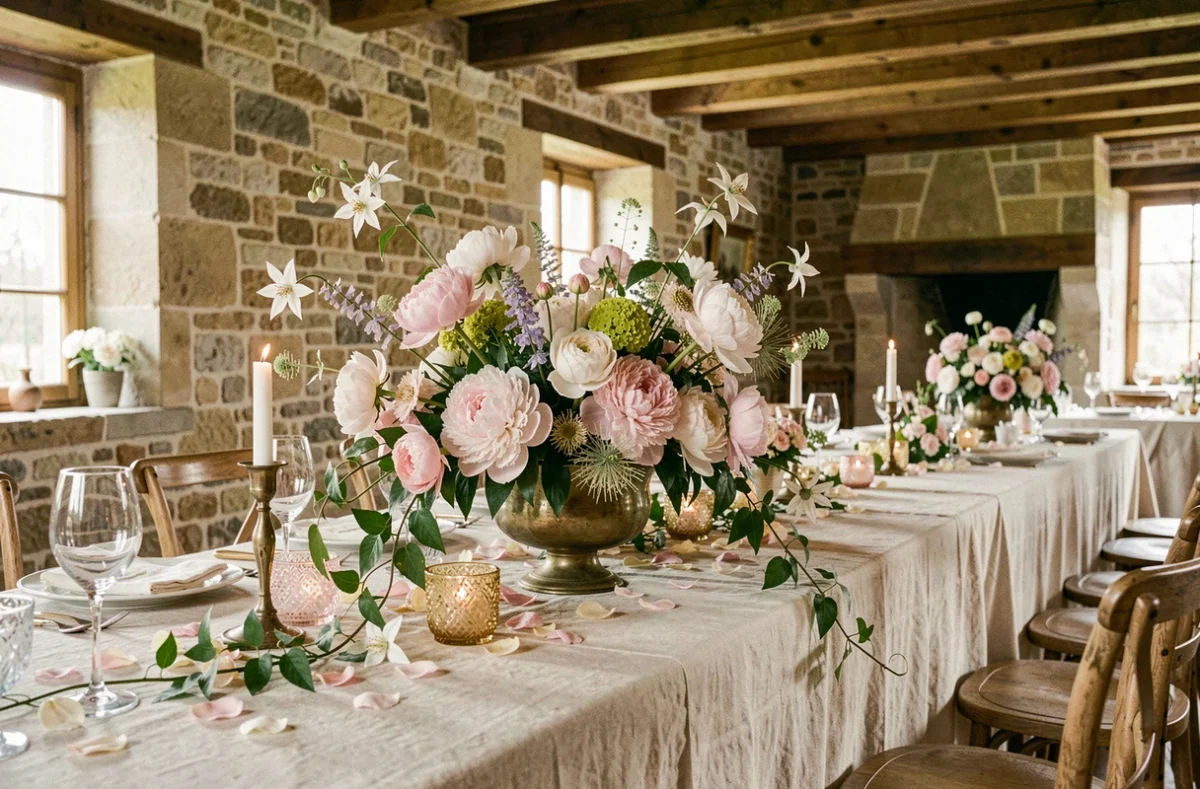 Féerie Florale - centre de table de mariage en pivoines et clématites dans un château avec murs en pierre apparente