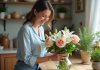 Femme arrangeant un bouquet de fleurs fraîches dans une cuisine lumineuse