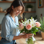 Femme arrangeant un bouquet de fleurs fraîches dans une cuisine lumineuse