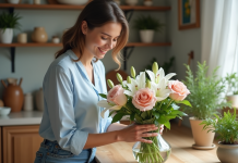 Bouquet : quelles fleurs choisir pour un arrangement floral élégant ? Femme arrangeant un bouquet de fleurs fraîches dans une cuisine lumineuse