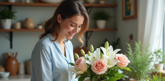 Bouquet : quelles fleurs choisir pour un arrangement floral élégant ? Femme arrangeant un bouquet de fleurs fraîches dans une cuisine lumineuse