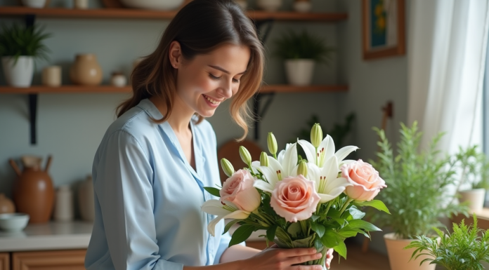 Femme arrangeant un bouquet de fleurs fraîches dans une cuisine lumineuse