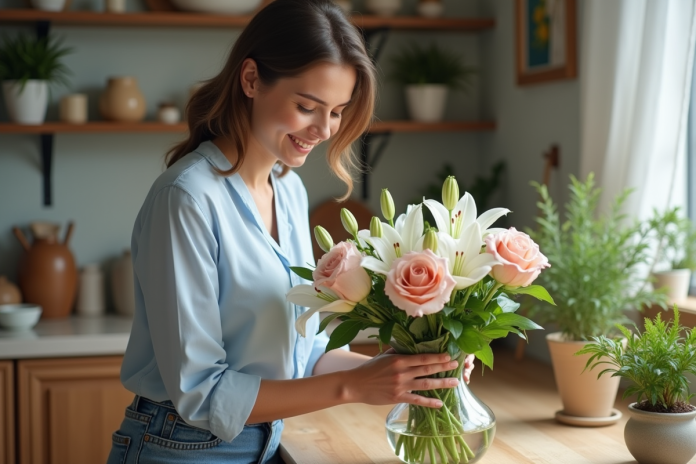femme-arrangeant-fleurs Femme arrangeant un bouquet de fleurs fraîches dans une cuisine lumineuse
