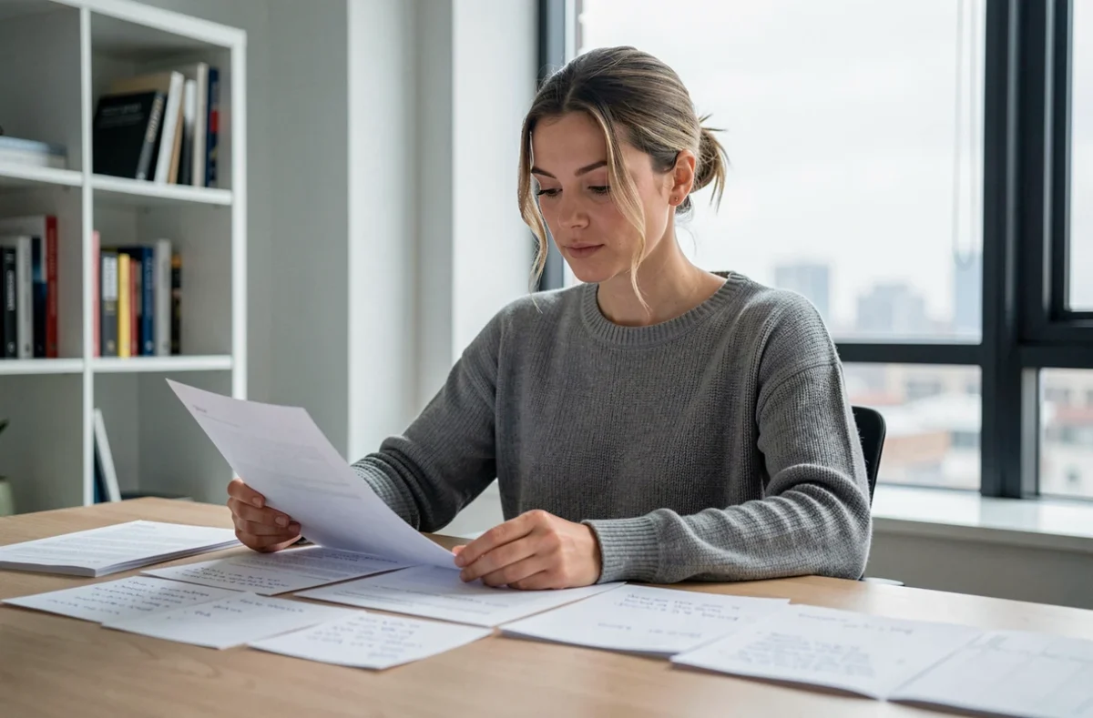 Femme analysant des documents dans un bureau minimaliste, symbole de la vérification des rumeurs autour d'un mariage médiatique