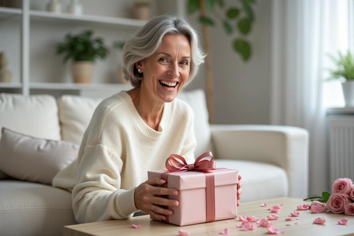 Femme découvrant un cadeau original pour les noces de rose entourée de pétales et d'une carte manuscrite