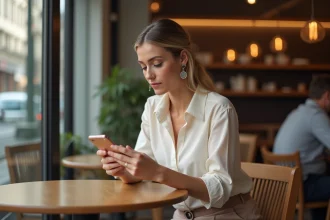 Femme élégante dans un café parisien consultant son smartphone, illustrant les rumeurs et informations vérifiées sur la vie personnelle d'une personnalité publique