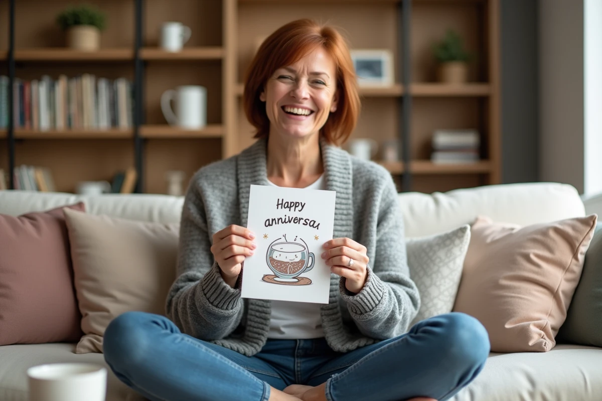 Femme souriante tenant une carte d'anniversaire de mariage humoristique faite main sur un canapé