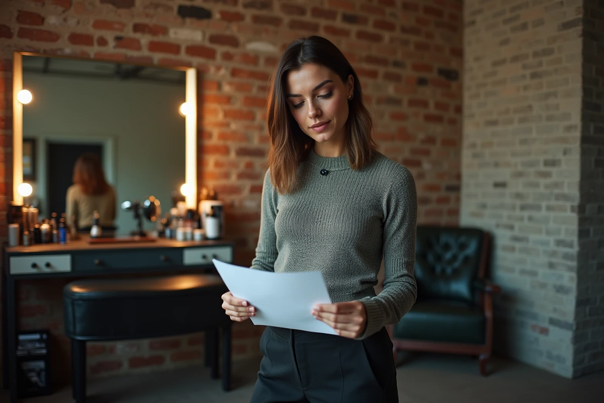 Femme lisant un script dans les coulisses d'un plateau de télévision, évoquant la notoriété et la carrière médiatique