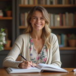 Femme souriante écrivant dans un livre d or dans un cadre chaleureux
