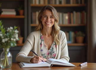 Femme souriante écrivant dans un livre d or dans un cadre chaleureux