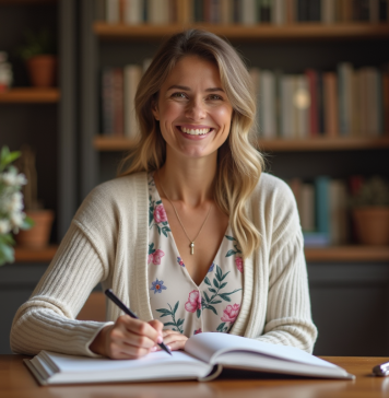 Femme souriante écrivant dans un livre d or dans un cadre chaleureux