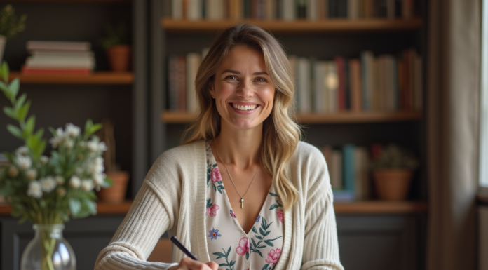 Femme souriante écrivant dans un livre d or dans un cadre chaleureux