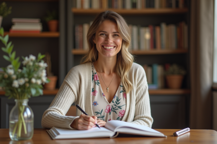 Femme souriante écrivant dans un livre d or dans un cadre chaleureux