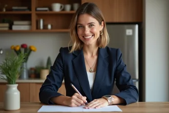 Jeune femme en blazer &eacute;crivant une carte de voeux dans une cuisine chaleureuse