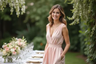 Femme élégante en robe pastel et chaussures dorées lors d'une réception en plein air