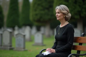 Mère en deuil assise sur un banc dans un cimetière