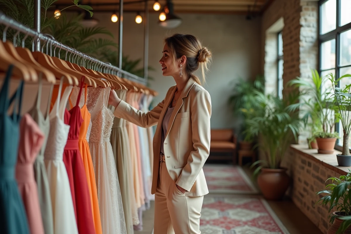 Femme en pantalon chic examinant des robes de mariage